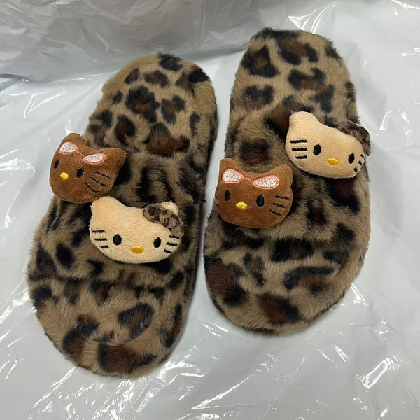 Y2K Sanrio Women'S Plush Leopard Print Slippers with Cute Cat Design | Cozy Winter Indoor\u002FOutdoor Slippers, Non-Slip Rubber Sole, Soft Fabric Upper, Beige & Brown Animal Print, Perfect for Home or Outdoor Use, Indoor Slippers | Playful Design | Soft