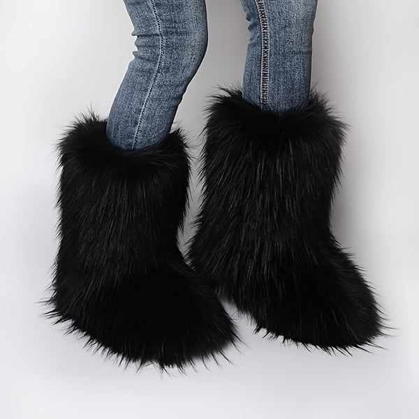 Women'S Faux Fur Boots, Winter Mid-rise Boots, Fluffy And Fashionable Cropped Snow Boots