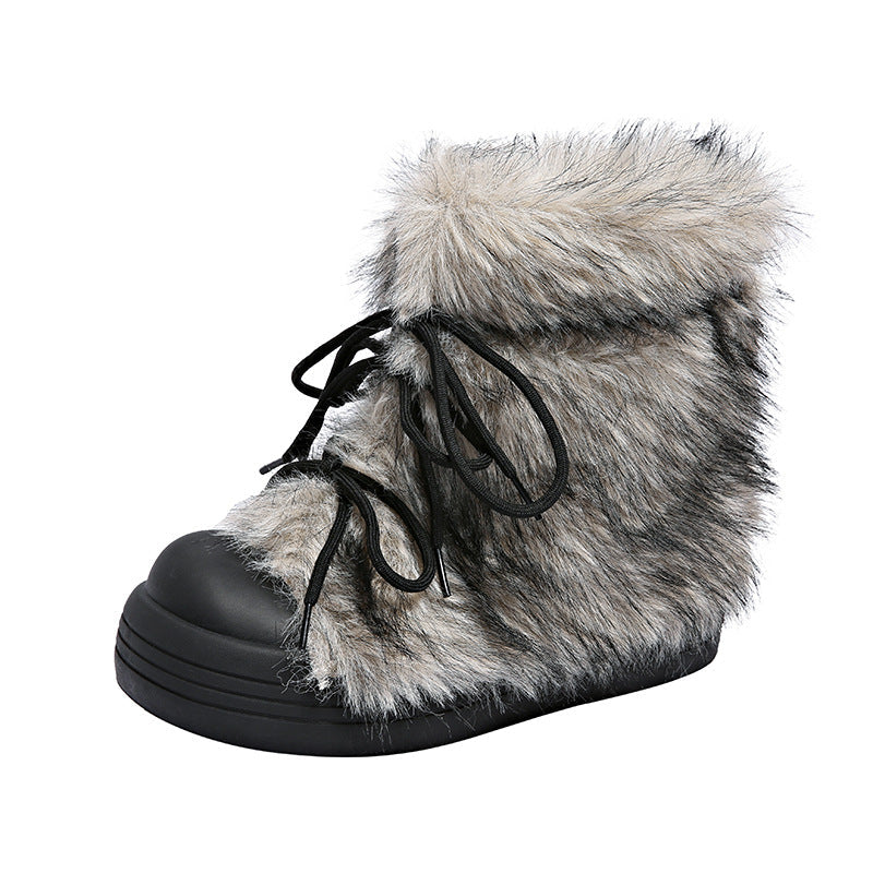 Women's Vintage Chunky Winter Boots with Thick Platform Sole - Cold-Resistant Warm Round Toe Snow Boots, Slip-Resistant Rubber Outsole & Faux Fur Collar, Height-Increasing Korean Winter Shoes for Women (Grey\u002FBlack\u002FBeige) - EVA Upper & PVC Lining