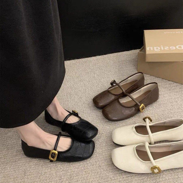 Women'S French-Inspired Black Mary Jane Flats - Slip-On Square Toe Flat Shoes with Adjustable Straps, Breathable EVA Upper & Rubber Sole, All-Season Comfort for Casual & Formal Wear, Mary Jane Shoes, Formal Footwear, Classic Mary Jane Design, Durable Foot