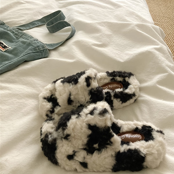 Women's Cozy Plush Cow Slip-On Slippers with Non-Slip High Quality TPU Soles - Soft Fleece Indoor House Shoes, Cute Cartoon Cow Pattern, Easter & Mother's Day Gift (Black\u002FKhaki), Casual Home Wear, Playful Design, Durable Grip Footwear