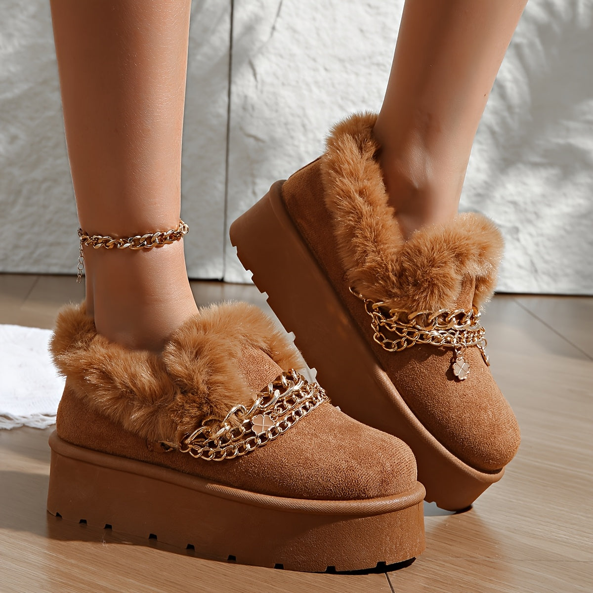 Women's Cozy Faux Fur-Lined Slipper Boots with Golden Chain Detail - Warm, Comfy, and Stylish Black Platform Ankle Boots for Indoor or Outdoor Use, Outdoor Slippers | Fashionable Snow Boots | Textured Fabric Upper, Ladies Slippers