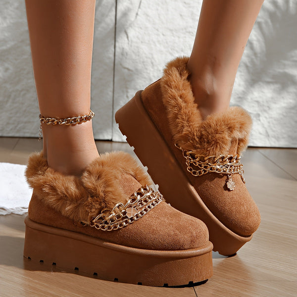 Women's Cozy Faux Fur-Lined Slipper Boots with Golden Chain Detail - Warm, Comfy, and Stylish Black Platform Ankle Boots for Indoor or Outdoor Use, Outdoor Slippers | Fashionable Snow Boots | Textured Fabric Upper, Ladies Slippers
