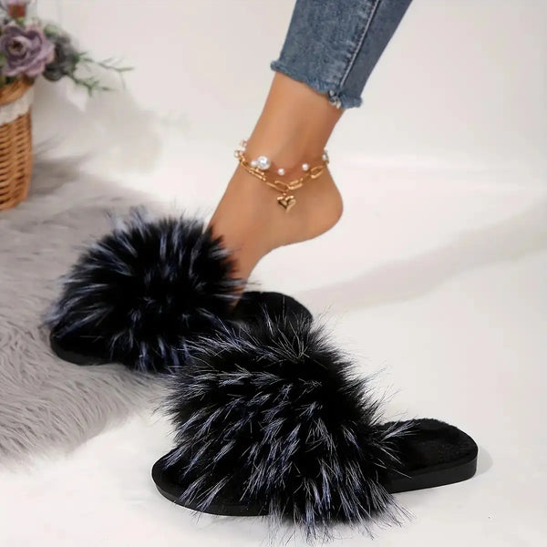 Women's Plush Faux Fur Slippers - Winter Warm Non-Slip Rubber Sole, & PU Bed Shoes with Plush, All-Season Indoor\u002FOutdoor House Boots (Black\u002FBlue\u002FNavy\u002FDark Brown) - One Size Fits Most, Luxurious Cozy Footwear