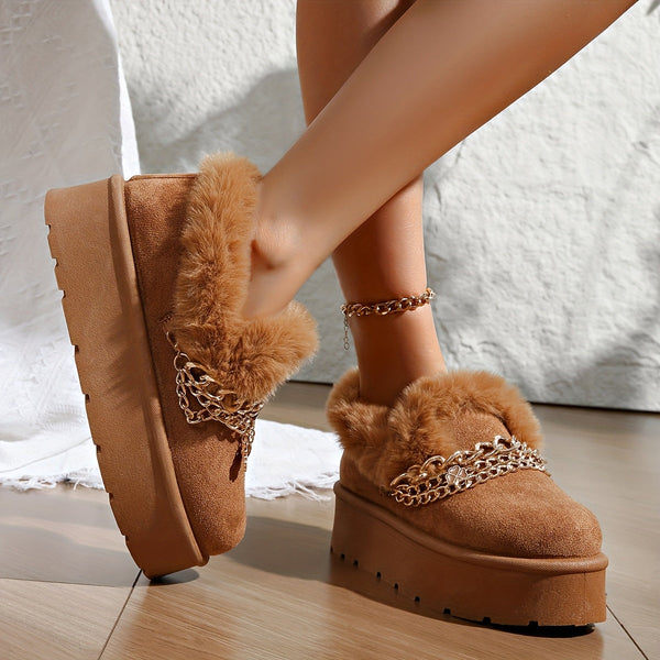 Women's Cozy Faux Fur-Lined Slipper Boots with Golden Chain Detail - Warm, Comfy, and Stylish Black Platform Ankle Boots for Indoor or Outdoor Use, Outdoor Slippers | Fashionable Snow Boots | Textured Fabric Upper, Ladies Slippers
