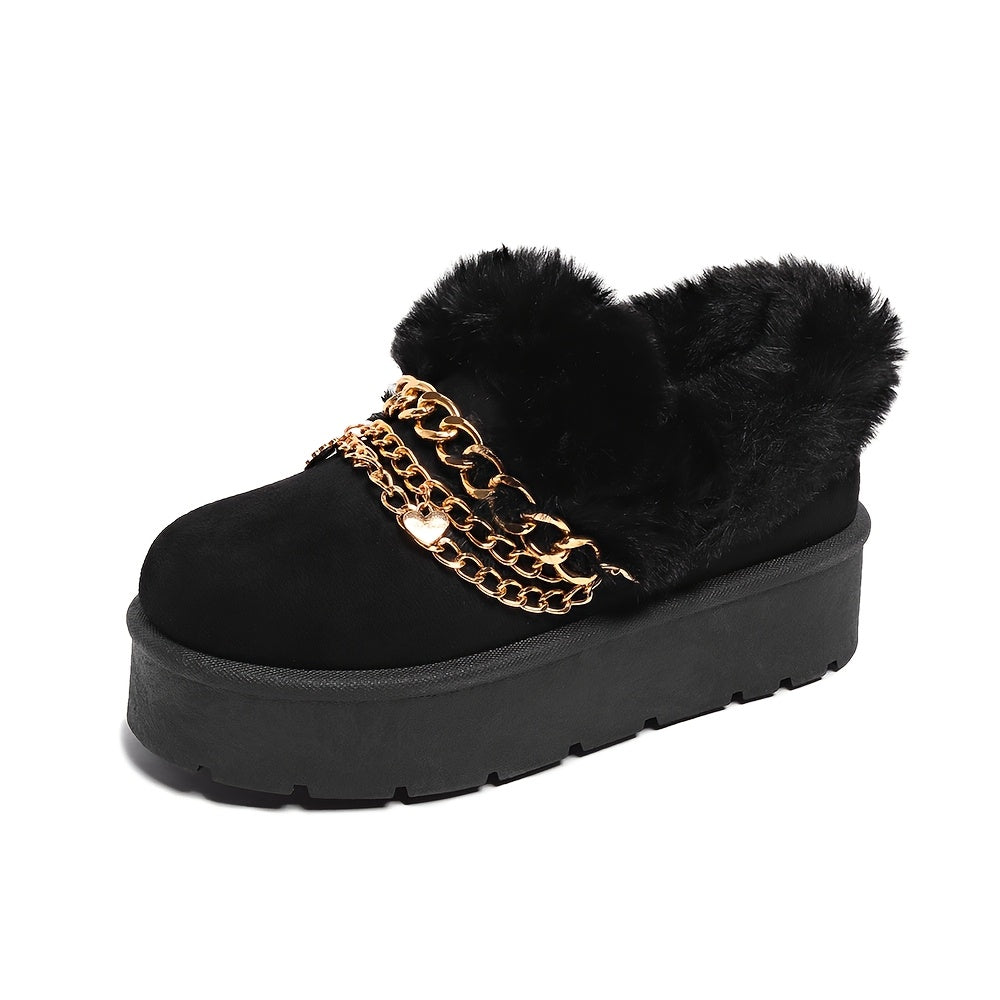 Women's Cozy Faux Fur-Lined Slipper Boots with Golden Chain Detail - Warm, Comfy, and Stylish Black Platform Ankle Boots for Indoor or Outdoor Use, Outdoor Slippers | Fashionable Snow Boots | Textured Fabric Upper, Ladies Slippers