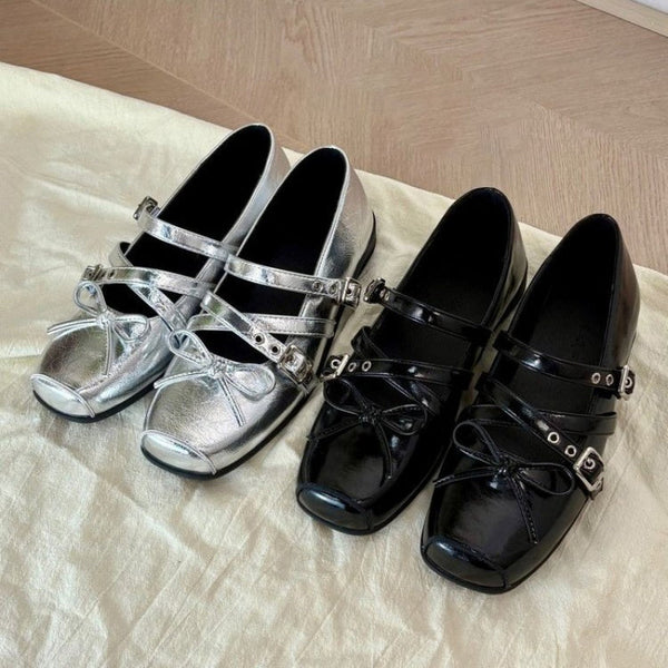 French Style Silvery Single Shoes Women Retro Mary Jane Shoes 2025 New Cover Bow Flat Ballet Shoes Women, Elegant Shoes for Women, Wide Fit Womens Shoes, Ballerina Shoes, Vintage Shoes, Platform Shoes for Women