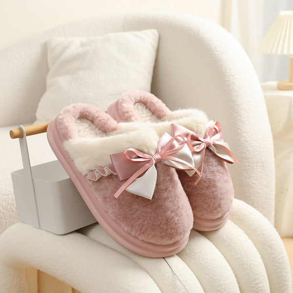 Women'S Cozy Fleece-Like Warm Winter Slippers with Thick Non-Slip TPR Sole & Plush Bowknot - Soft Indoor House Shoes for Pregnancy, Postpartum & Cold Floors - Hand Washable Soft Fabric Upper (Pink) - 2025 New Design, Slippers for Women Winter