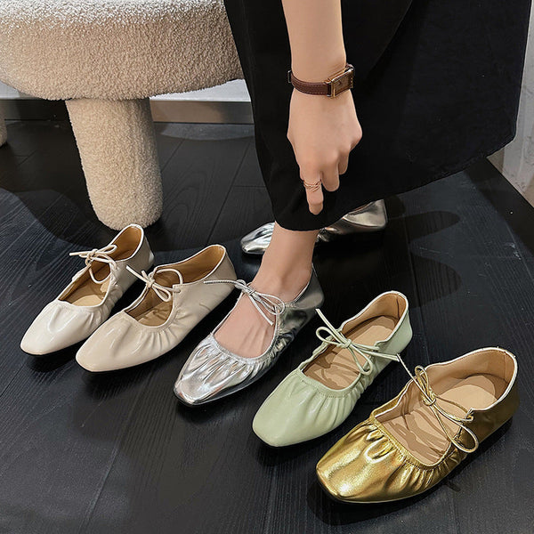 Metallic Pleated Detail Square Toe Flat Shoes Charming Outdoor Flat Shoes French Soft Cover Soft Bottom Retro Beautiful Flat Shoes Niche Lace-up Loafers Golden Silvery Mary Jane Single Shoes Women Women's shoes, Designer Shoes for Women, Shoes for Women C