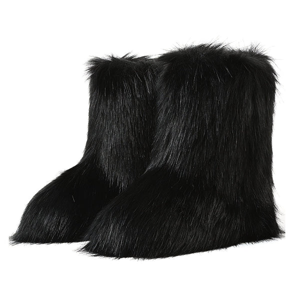Women'S Faux Fur Boots, Winter Mid-rise Boots, Fluffy And Fashionable Cropped Snow Boots
