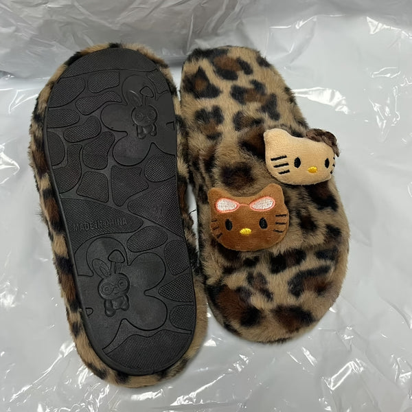 Y2K Sanrio Women'S Plush Leopard Print Slippers with Cute Cat Design | Cozy Winter Indoor\u002FOutdoor Slippers, Non-Slip Rubber Sole, Soft Fabric Upper, Beige & Brown Animal Print, Perfect for Home or Outdoor Use, Indoor Slippers | Playful Design | Soft