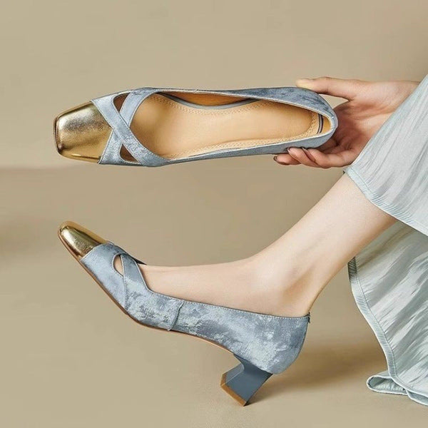 Women'S Vintage French Mary Jane Shoes - Pointed Toe Flat Heel with Round Toe Cutout, Soft Fabric Lining & Comfortable Cushioned Insole, Retro Elegant Pull-On Closure, Durable Rubber Sole - Beige & Blue Color-Block Design for Fall, Casual & Semi-Formal Ou