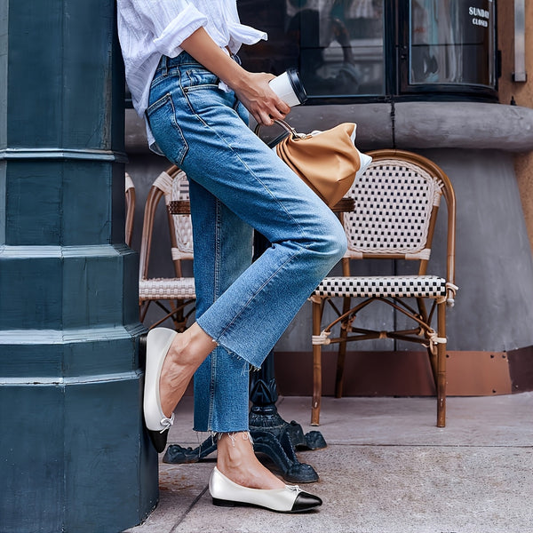 Chic Women's Slip-On Ballet Flats with Bow Detail - Pointed Toe, Faux Cover Cap Design in Black & White, Comfortable for Office, Work, and Party Wear