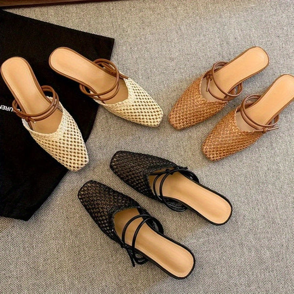 Women's Vintage French Fairy Slip-On Shoes - Beige\u002FWhite Woven Slip-On Slippers with Thick Heel, Cushioned Insole - All-Season Indoor\u002FOutdoor House Shoes for Women, Non-Slip Rubber Sole - Easy Slip-On Closure, Indoor Footwear, Retro Aesthetic, D