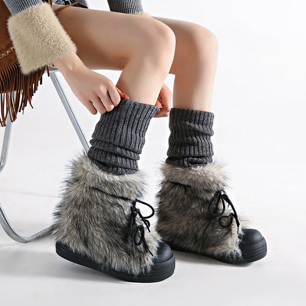 Women's Vintage Chunky Winter Boots with Thick Platform Sole - Cold-Resistant Warm Round Toe Snow Boots, Slip-Resistant Rubber Outsole & Faux Fur Collar, Height-Increasing Korean Winter Shoes for Women (Grey\u002FBlack\u002FBeige) - EVA Upper & PVC Lining