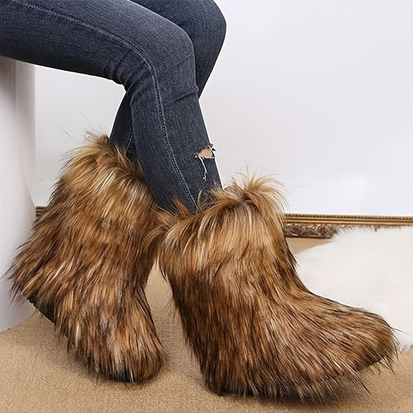 Women'S Faux Fur Boots, Winter Mid-rise Boots, Fluffy And Fashionable Cropped Snow Boots