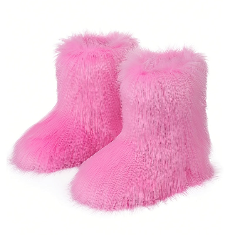 Women'S Faux Fur Boots, Winter Mid-rise Boots, Fluffy And Fashionable Cropped Snow Boots