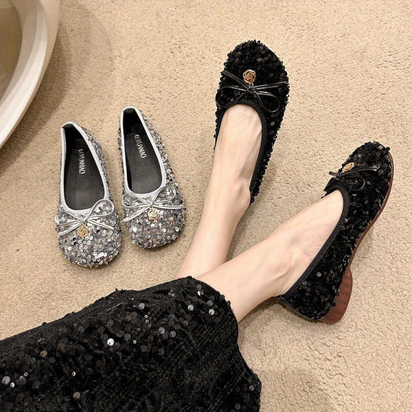 Women's sequined single- sole shoes, French- style retro Silvery bow fairy shoes, gentle and ladylike shoes matching with dresses, square- toed flat- soled soft- soled Women's sequined single- sole shoes