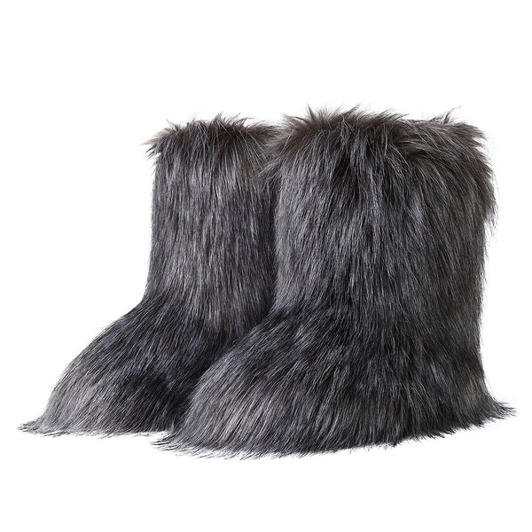 Women'S Faux Fur Boots, Winter Mid-rise Boots, Fluffy And Fashionable Cropped Snow Boots