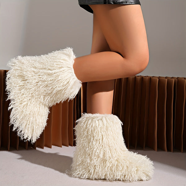2025 Winter New Arrival Furry Faux Fur Boots Mid-Calf Tassel Outdoor Snow Boots Fashionable Cute Warm Puffy Short Mid-Calf Boots