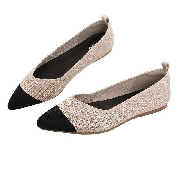 Women's Elegant Knit Ballet Flats - Pointed Toe, Lightweight Slip-On Design, Comfortable Dress Shoes with Ribbed Texture and Contrasting Color Accents, Versatile Footwear|Elegant Slipon Shoes|Fabric Upper Flats