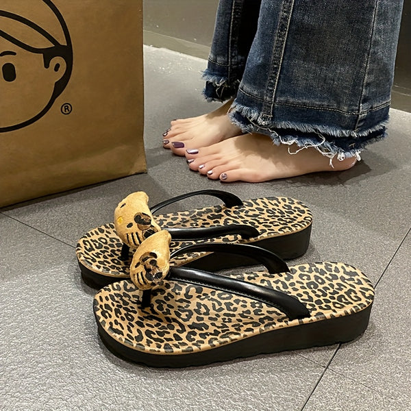 Sanrio Hello Kitty Women's Flip Flops - Leopard Print Soft Microfiber & EVA Thick Sole Slip-On Sandals, Black\u002FBrown Casual Beach Slippers for Summer Travel & Daily Wear, Beach Shoes