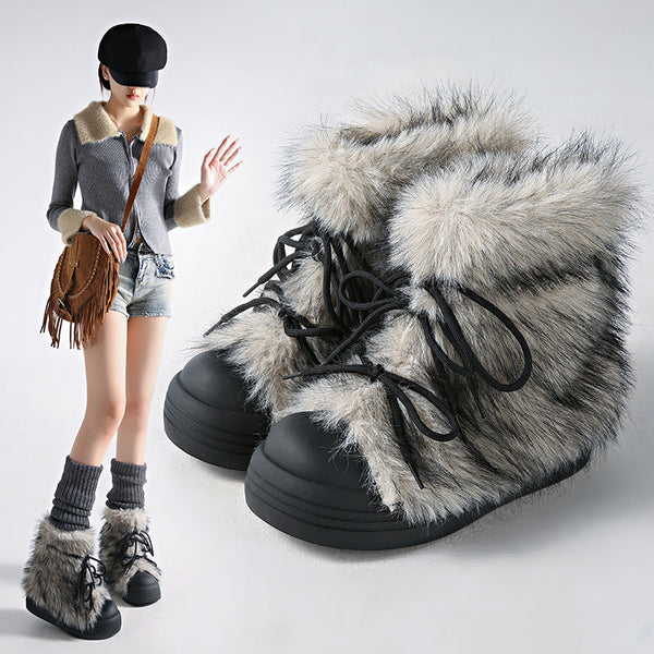 Women's Vintage Chunky Winter Boots with Thick Platform Sole - Cold-Resistant Warm Round Toe Snow Boots, Slip-Resistant Rubber Outsole & Faux Fur Collar, Height-Increasing Korean Winter Shoes for Women (Grey\u002FBlack\u002FBeige) - EVA Upper & PVC Lining
