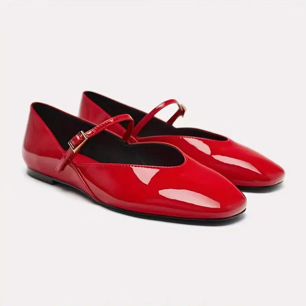 Women's Mary Jane Shoes with One-Strap Buckle - Glossy Red\u002FBlack\u002FWhite Ballet Flats | EVA Lightweight & Machine Washable | Versatile Round-Toe Low-Top Design for Casual, Office, Semi-Formal | Comfortable All-Day Wear with Durable EVA Insole & Ou