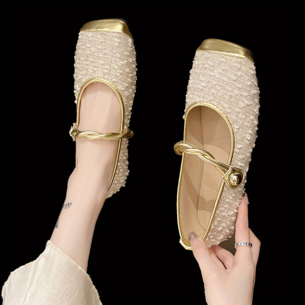 Women's French Single Shoes - Beige & Golden Glam Flat Sole Closure Flats, Low-Cut One-Strap Closure, All-Season Party & Everyday Shoes for Women - Elegant European Flair Footwear, Casual Elegance, Chic Flats, Decorative Straps, Fashion Lovers