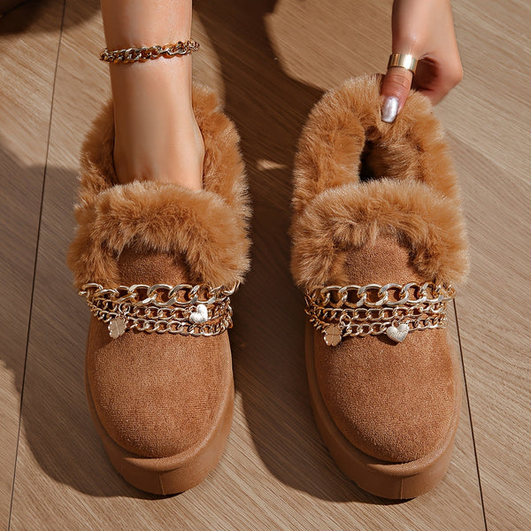 Women's Cozy Faux Fur-Lined Slipper Boots with Golden Chain Detail - Warm, Comfy, and Stylish Black Platform Ankle Boots for Indoor or Outdoor Use, Outdoor Slippers | Fashionable Snow Boots | Textured Fabric Upper, Ladies Slippers