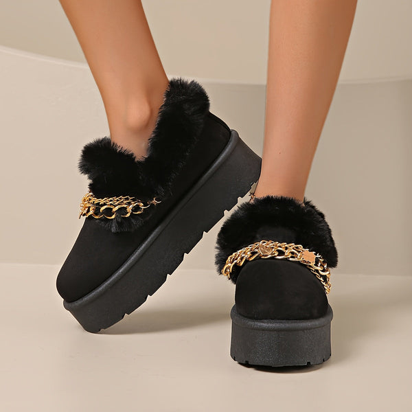 Women's Cozy Faux Fur-Lined Slipper Boots with Golden Chain Detail - Warm, Comfy, and Stylish Black Platform Ankle Boots for Indoor or Outdoor Use, Outdoor Slippers | Fashionable Snow Boots | Textured Fabric Upper, Ladies Slippers