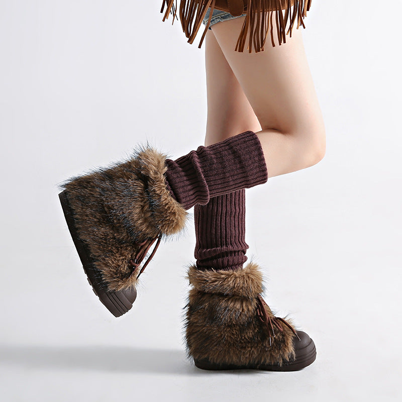 Women's Vintage Chunky Winter Boots with Thick Platform Sole - Cold-Resistant Warm Round Toe Snow Boots, Slip-Resistant Rubber Outsole & Faux Fur Collar, Height-Increasing Korean Winter Shoes for Women (Grey\u002FBlack\u002FBeige) - EVA Upper & PVC Lining