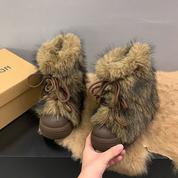 Women's Vintage Furry Chunky Winter Boots - Thick-Soled Cold-Resistant Round-Toe PU Cover-like Synthetic Upper with Plush Faux Fur Lining, Brown\u002FBlack\u002FCoffee Color Options, Slip-Resistant Rubber Sole & Buckle Closure for Snow, Ice, and Everyday