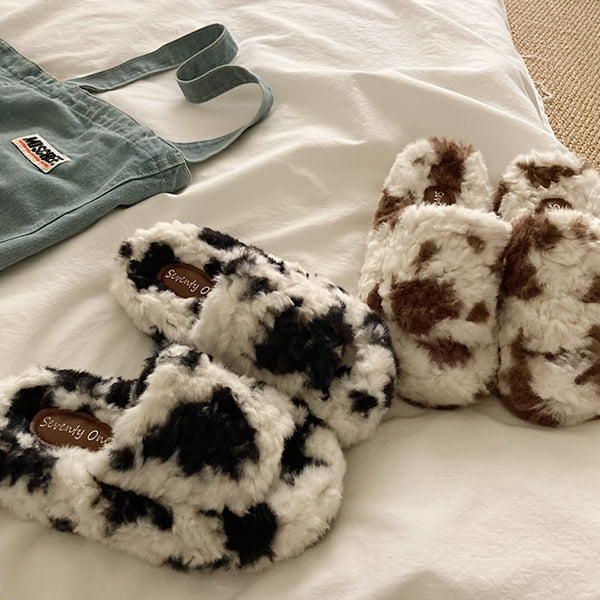 Women's Cozy Plush Cow Slip-On Slippers with Non-Slip High Quality TPU Soles - Soft Fleece Indoor House Shoes, Cute Cartoon Cow Pattern, Easter & Mother's Day Gift (Black\u002FKhaki), Casual Home Wear, Playful Design, Durable Grip Footwear