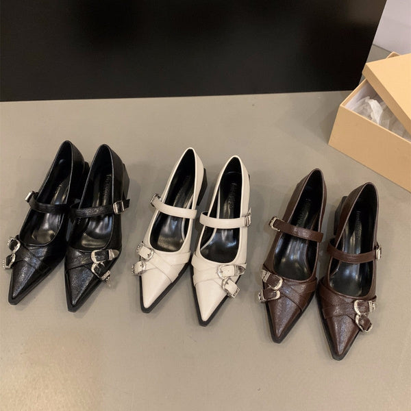 Women's French-Style Mary Jane Pointed-Toe High Heel Shoes - PU Cover-like Glossy Faux Cover with Golden Buckle Strap, Solid Black\u002FWhite\u002FBrown\u002FTan\u002FBurgundy - All-Season Elegant Dress Shoes with EVA Cushioned Insole & Rubber Sole, Hand