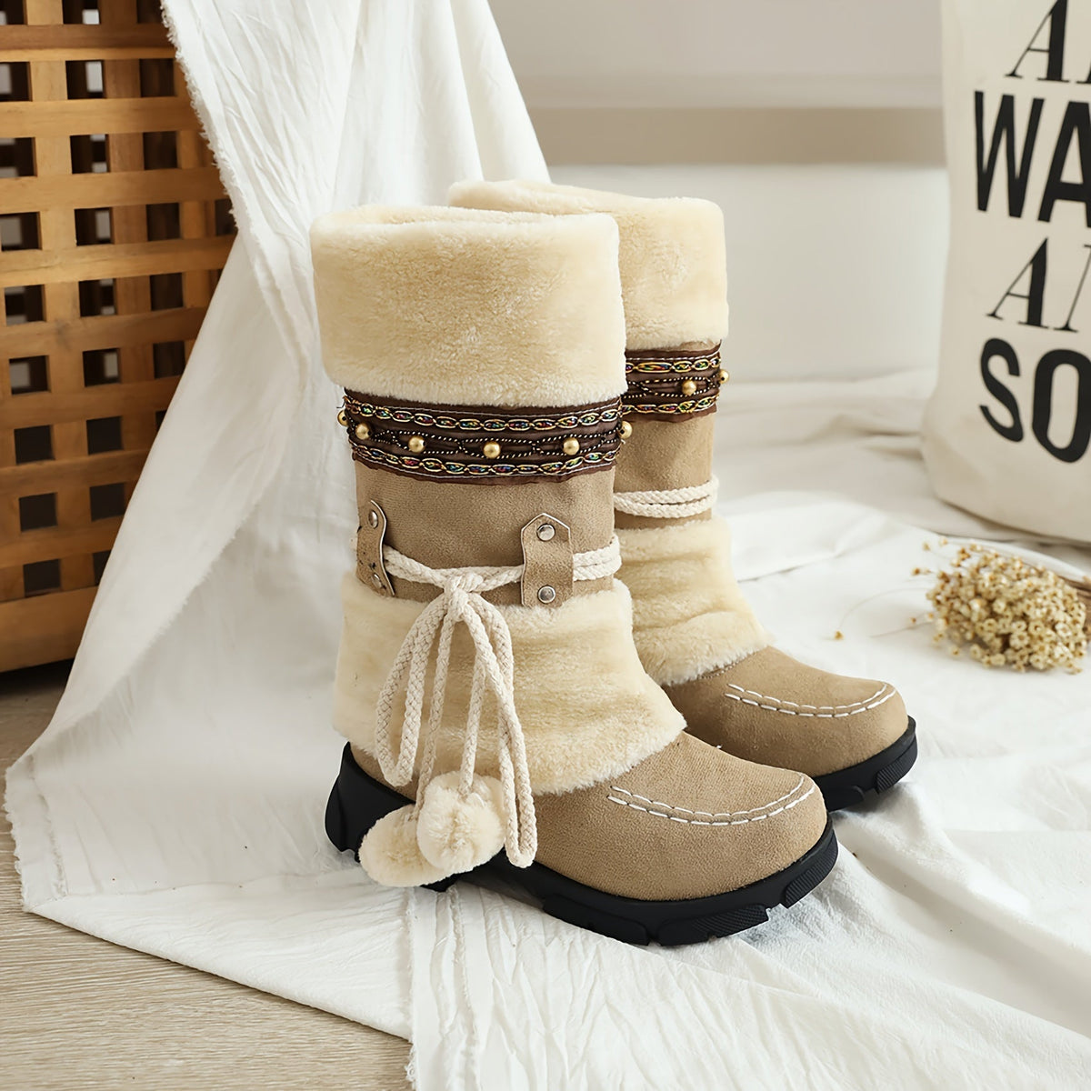 Women's Mid-Calf Slip-On Winter Snow Boots, Cozy Faux Fur Lined with Decorative Studs & Pom-Poms, Warm Suede Round Toe High Quality Booties for Cold Weather, Cold Weather Gear | Fabric Inner Lining, Winter Boots