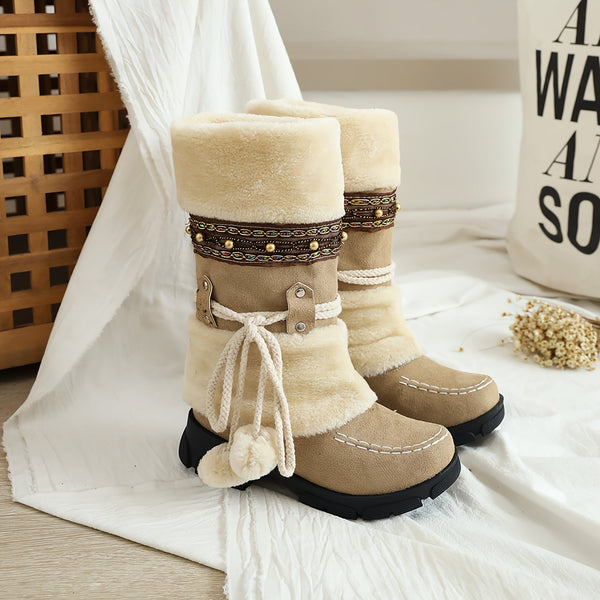 Women's Mid-Calf Slip-On Winter Snow Boots, Cozy Faux Fur Lined with Decorative Studs & Pom-Poms, Warm Suede Round Toe High Quality Booties for Cold Weather, Cold Weather Gear | Fabric Inner Lining, Winter Boots