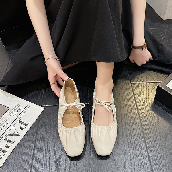 Metallic Pleated Detail Square Toe Flat Shoes Charming Outdoor Flat Shoes French Soft Cover Soft Bottom Retro Beautiful Flat Shoes Niche Lace-up Loafers Golden Silvery Mary Jane Single Shoes Women, Designer Shoes for Women, Shoes for Women Comfortable, Wi