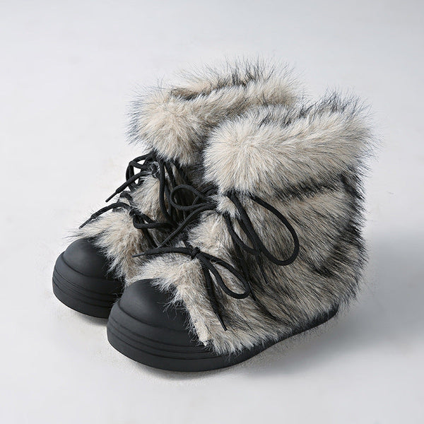 Women's Vintage Furry Chunky Winter Boots - Thick-Soled Cold-Resistant Round-Toe PU Cover-like Synthetic Upper with Plush Faux Fur Lining, Brown\u002FBlack\u002FCoffee Color Options, Slip-Resistant Rubber Sole & Buckle Closure for Snow, Ice, and Everyday