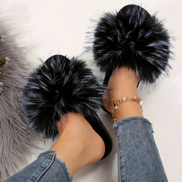 Women's Plush Faux Fur Slippers - Winter Warm Non-Slip Rubber Sole, & PU Bed Shoes with Plush, All-Season Indoor\u002FOutdoor House Boots (Black\u002FBlue\u002FNavy\u002FDark Brown) - One Size Fits Most, Luxurious Cozy Footwear