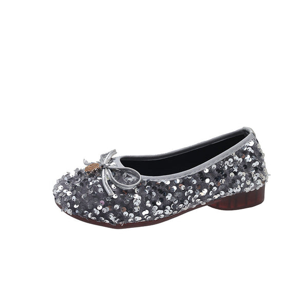 Women's sequined single- sole shoes, French- style retro Silvery bow fairy shoes, gentle and ladylike shoes matching with dresses, square- toed flat- soled soft- soled Women's sequined single- sole shoes