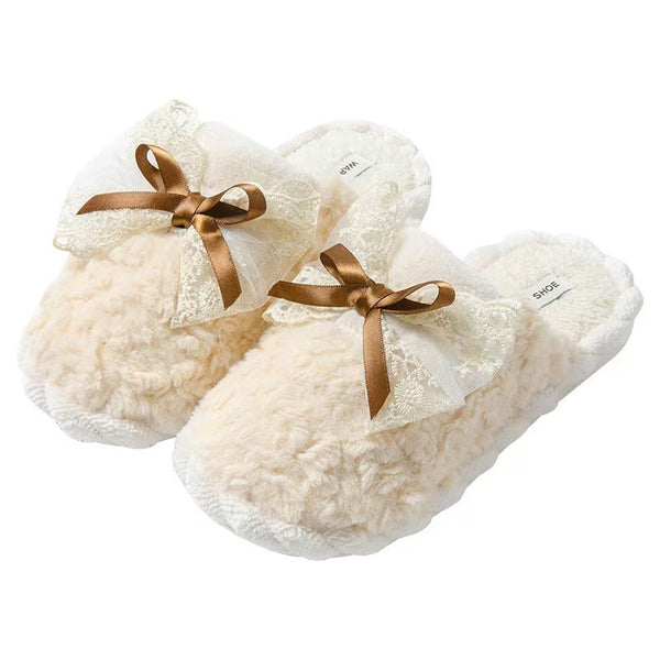 Men'S & Women'S Slip-On Slippers with Thick Non-Slip Rubber Sole & Plush Lining - Soft Beige Bow & Ruffle Trim, Round Toe Winter Indoor House Shoes