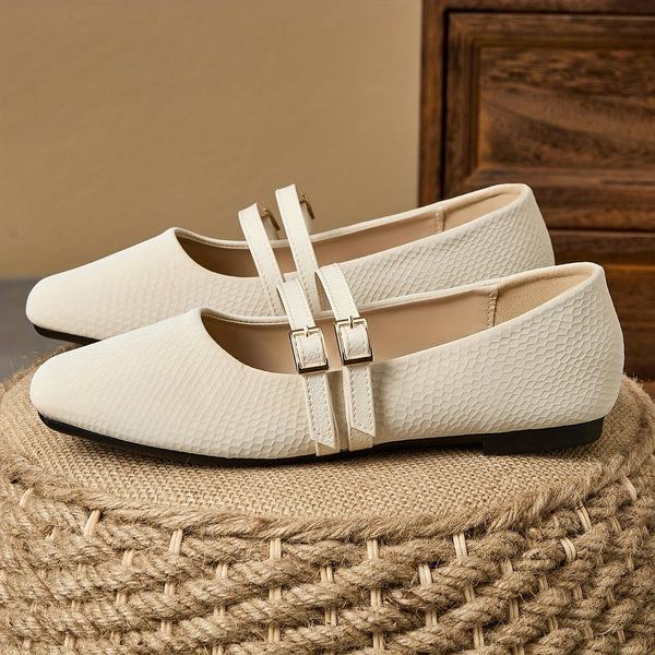 Women's French Square Toe Slip-On Flats - Beige Faux Cover Shoes with Cushioned Insole, Elegant Everyday & Formal Footwear for Women, Office, Parties, Casual Outfits - Grandma Flats, Office Wear, Minimalist Design, Durable Sole, Professional Women, Party