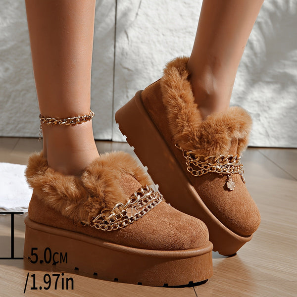 Women's Cozy Faux Fur-Lined Slipper Boots with Golden Chain Detail - Warm, Comfy, and Stylish Black Platform Ankle Boots for Indoor or Outdoor Use, Outdoor Slippers | Fashionable Snow Boots | Textured Fabric Upper, Ladies Slippers